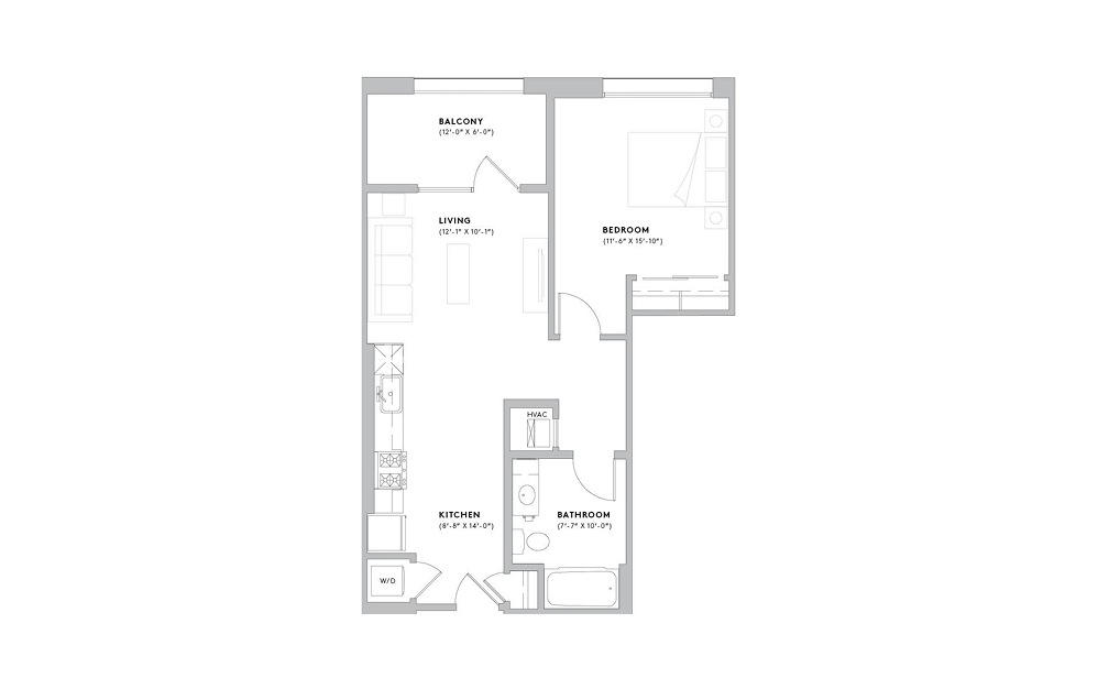 A - 1 bedroom floorplan layout with 1 bath and 654 to 752 square feet. (2D)