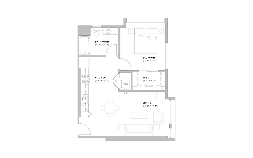 A4 - 1 bedroom floorplan layout with 1 bath and 671 to 821 square feet. (2D)