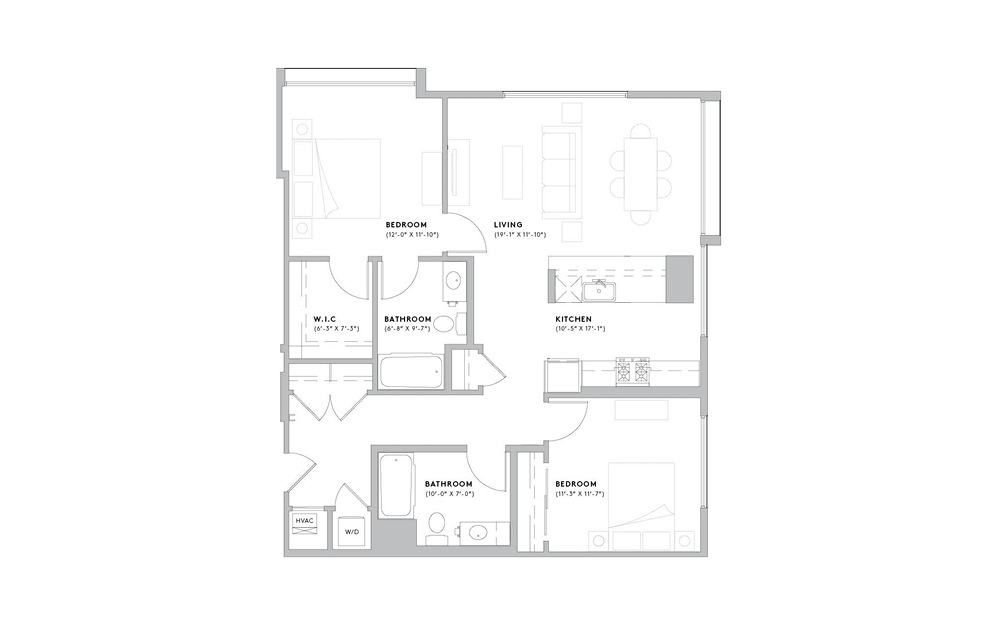 B2 - 2 bedroom floorplan layout with 2 baths and 1125 to 1318 square feet. (2D)