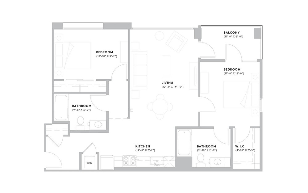 B3 - 2 bedroom floorplan layout with 2 baths and 991 to 1026 square feet.