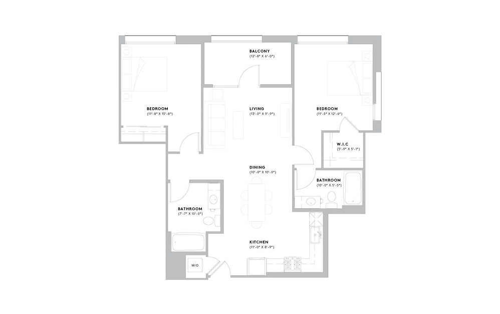 B4 - 2 bedroom floorplan layout with 2 baths and 1047 to 1048 square feet.
