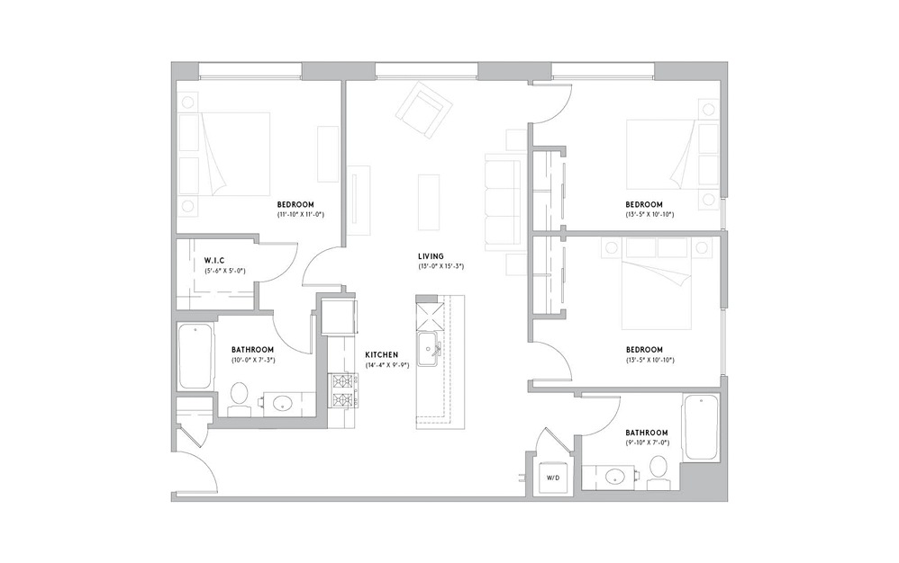 C1 - 3 bedroom floorplan layout with 2 baths and 1245 to 1268 square feet. (2D)