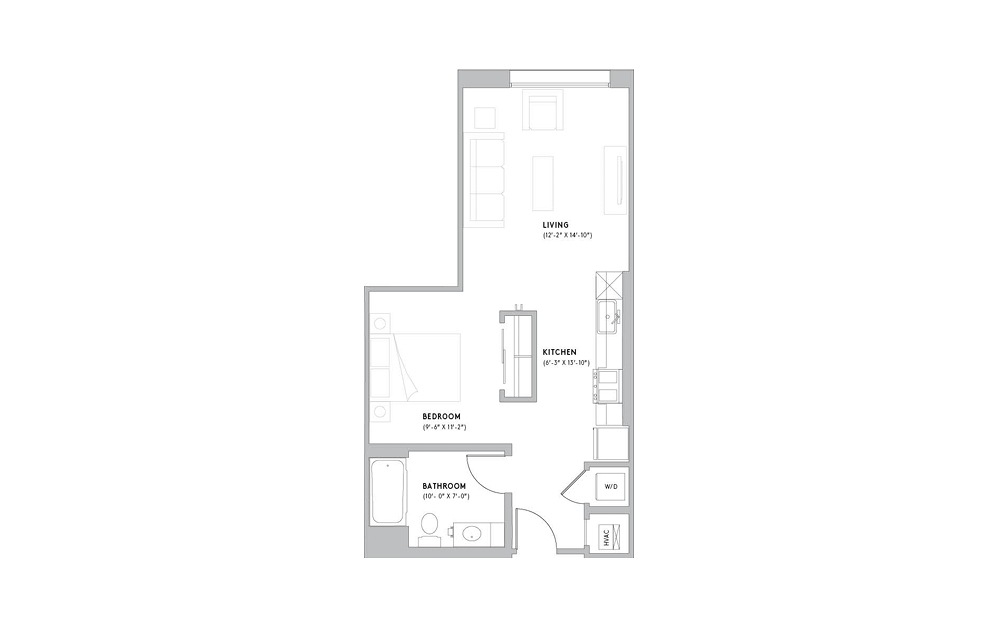 S - Studio floorplan layout with 1 bath and 535 to 698 square feet.
