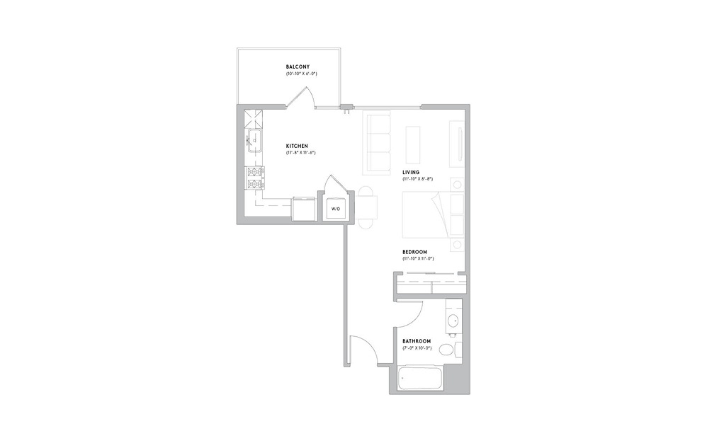 S3 - Studio floorplan layout with 1 bath and 546 to 560 square feet. (2D)