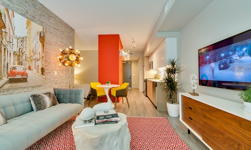 DTLA Apartments for Rent-WREN Apartments Stylish Living Room with Wood Style Flooring and Natural Lighting